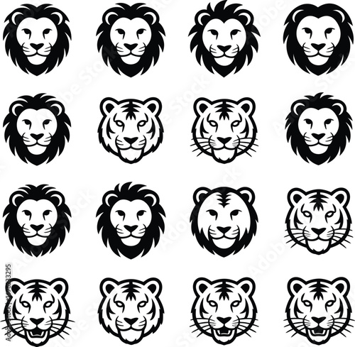 Lion tiger faces black white head mane