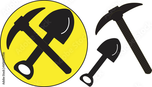 Illustration showing a crossed shovel and pickaxe inside a yellow circle with tools nearby