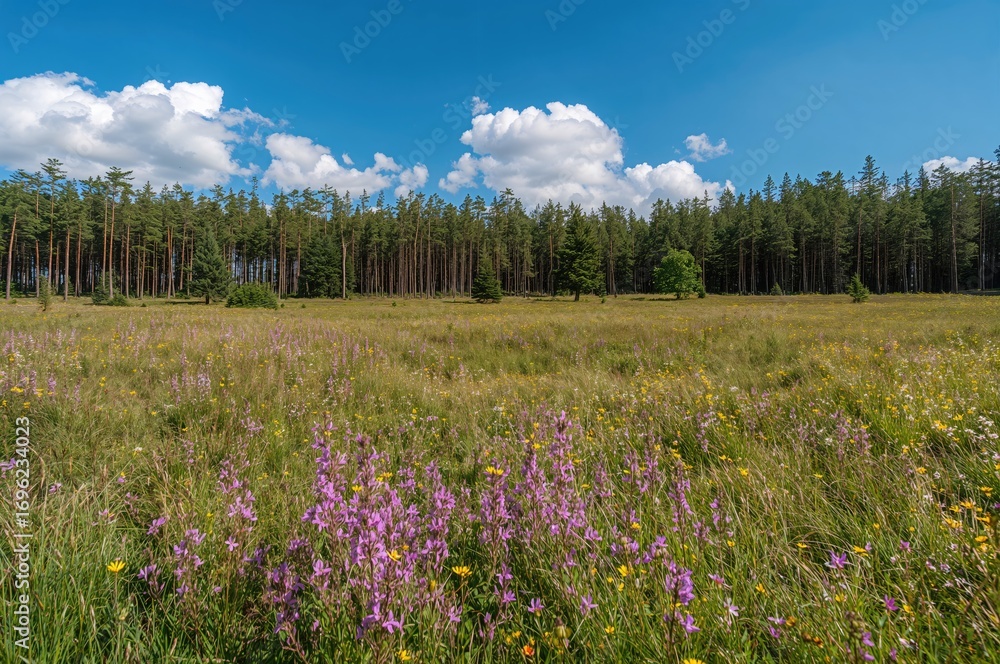 Fototapeta premium A vertical photograph capturing a grassy field before a dense pine woodland