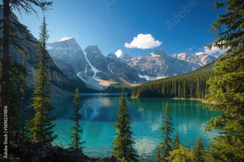 A peaceful alpine lake encircled by thick pine woods and frosted mountain summits.