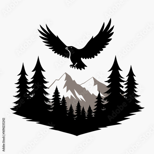 Flying Eagle over Mountain Forest Silhouette Vector