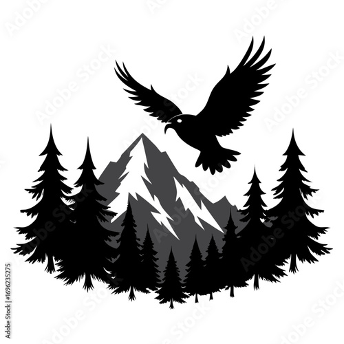 Flying Eagle over Mountain Forest Silhouette Vector