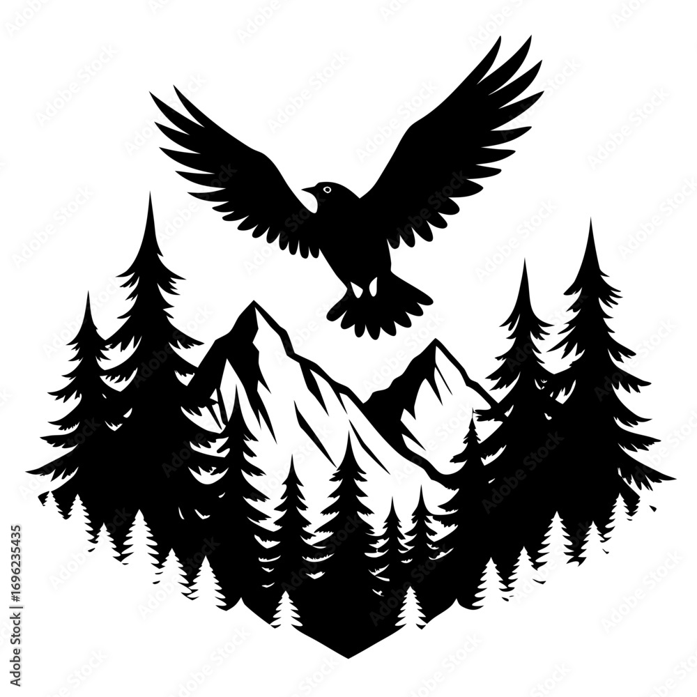 Obraz premium Flying Eagle over Mountain Forest Silhouette Vector