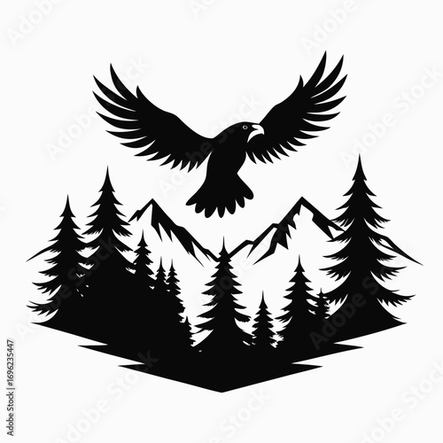 Flying Eagle over Mountain Forest Silhouette Vector