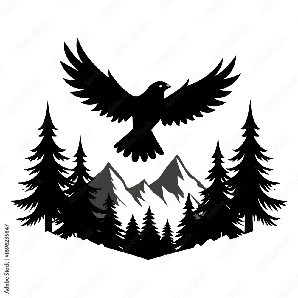 Obraz premium Flying Eagle over Mountain Forest Silhouette Vector