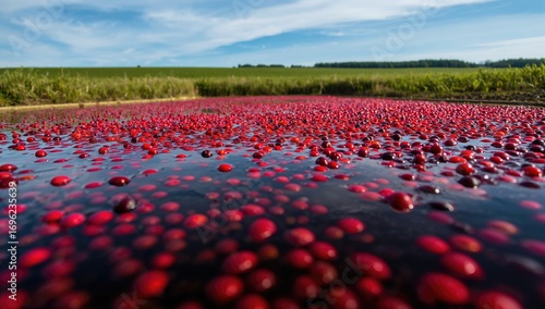 A beautiful scene of cranberries being harvested in water