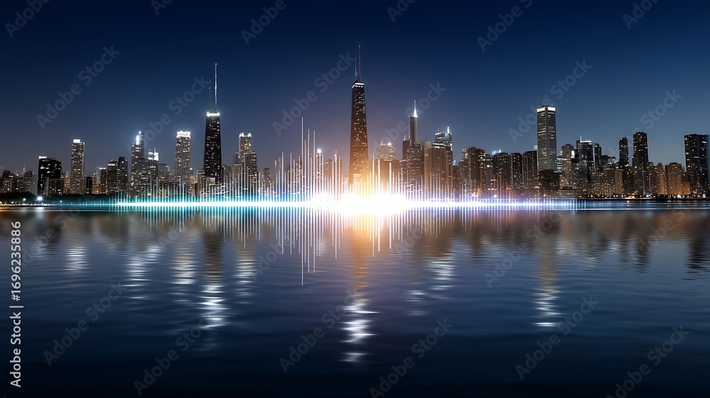 Nighttime City Skyline with Vibrant Sound Wave Reflection over Water Surface