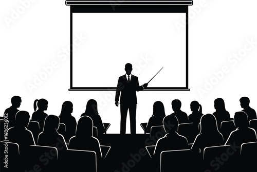 Classroom seminar silhouette, teacher pointing at screen, audience seated, educational presentation, training session, black and white vector, professional learning concept