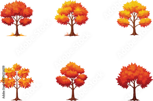Autumn deciduous trees vector, fall foliage illustration, seasonal nature design, colorful leaves artwork, red orange yellow tones, landscape concept