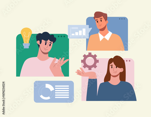 Startup business. Online meeting of a young team working together on a project. Social media banner, business presentation, marketing material concept. Flat vector illustration.