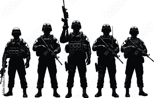 Military silhouette illustration, armed soldiers, tactical gear, rifle poses, black vector, defense concept, war zone, combat team, battlefield stance, army squad