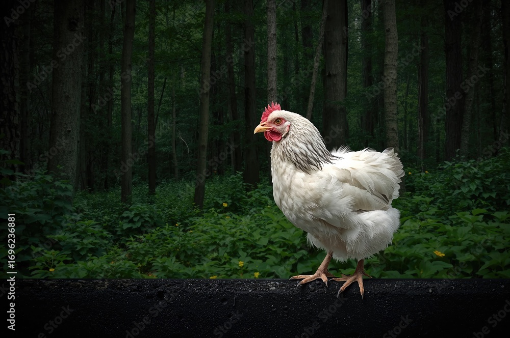 Fototapeta premium A tiny chicken perched on a fence appearing unusual