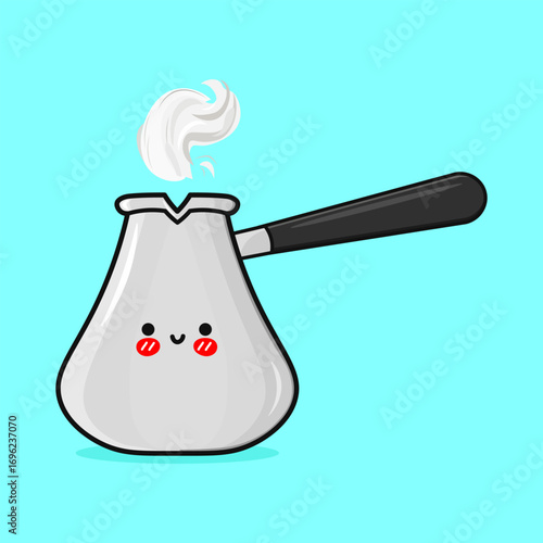 Cute cartoon cezve with steam on a blue background.