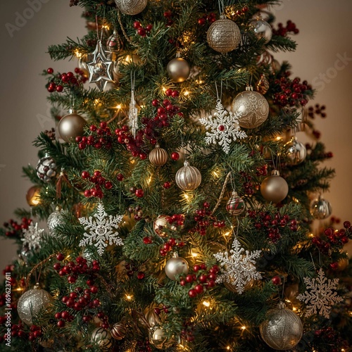 Pohon Natal Indah dengan Dekorasi Silver dan Emas