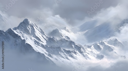 Jagged snow covered mountain peaks shrouded in atmospheric mist and clouds image