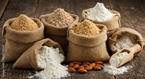 Wallpaper Mural Assortment of burlap sacks filled with various flours and grains, arranged on a rustic wooden surface. Torontodigital.ca