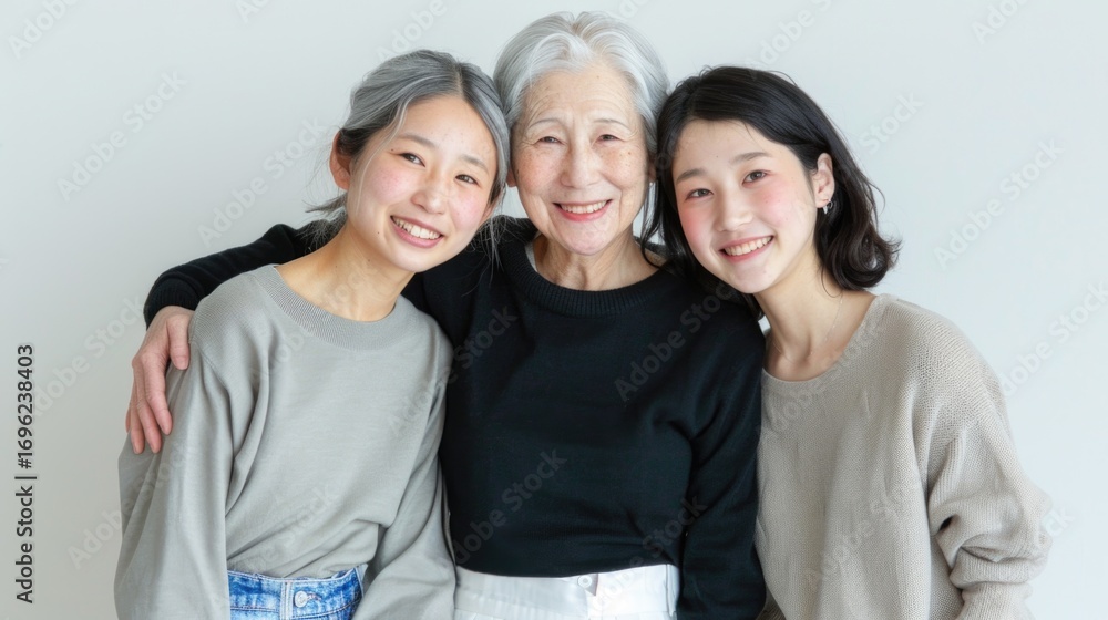 Fototapeta premium Family portrait of smiling mother being hugged by her daughters