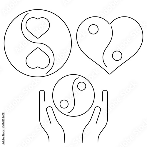 Group of black yin yang icons on a white background. Vector illustration.
