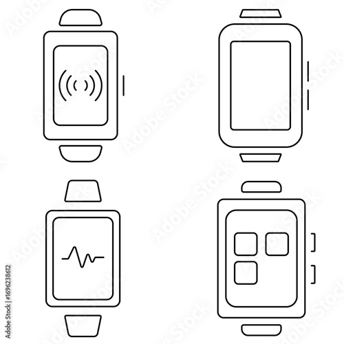 Group of black smart watch icons on a white background. Vector illustration.