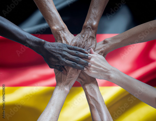 Flag of Germany with hands from various ethnic backgrounds as symbol for peace tolerance respect and sign against xenophobia