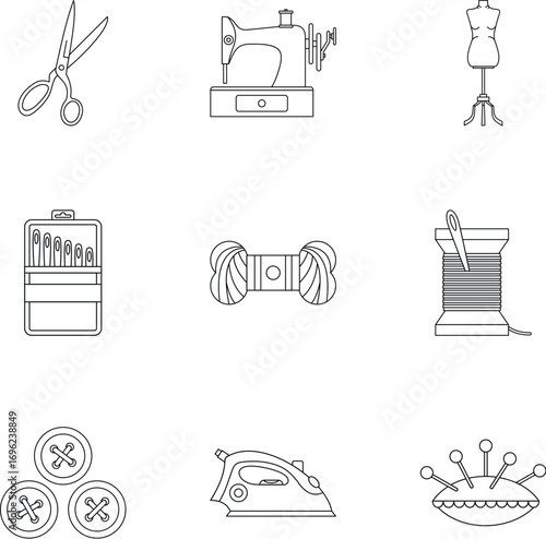 Range of tools for dressmakers icons set