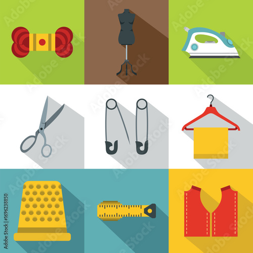 Range of tools for dressmakers icons set