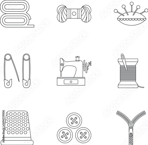 Accessories for sewing workshop icons set