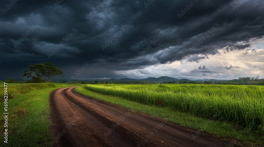 Obraz premium Dramatic storm clouds over a winding dirt road lush green fields nature landscape photography rural environment wide-angle view
