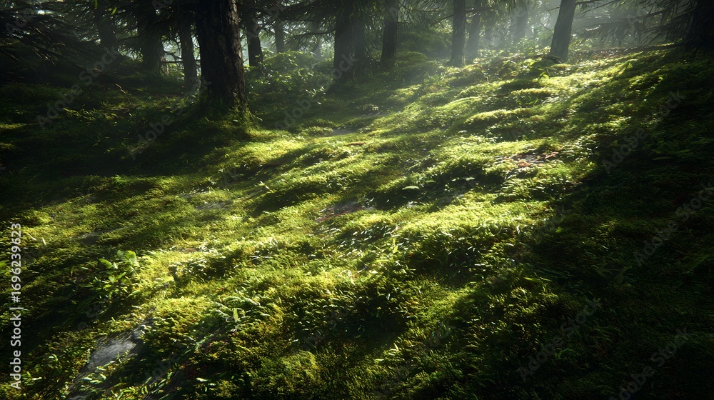 Obraz premium Sunlit forest floor with dappled light and shadows on green mossy ground woods nature