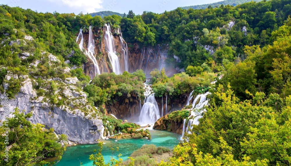 Obraz premium Lush landscape with cascading waterfalls