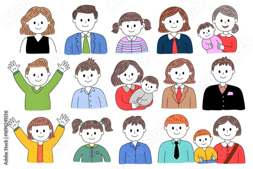 Cartoon family illustration featuring diverse members with cheerful expressions and simple designs