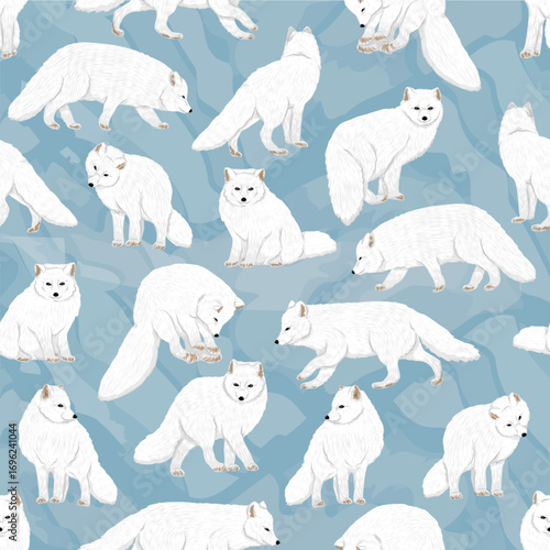 Seamless pattern with Arctic foxes Vulpes lagopus. White fox, polar fox, or snow fox. Realistic vector animal of the Arctic and arctic tundra.