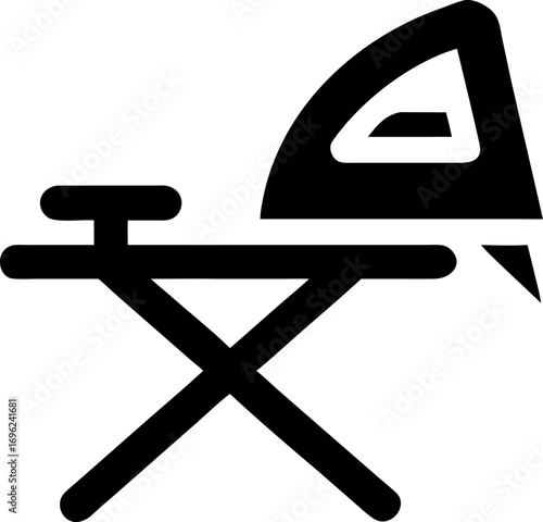 A black and white illustration of an ironing board and a steam iron, symbolizing household chores and garment care