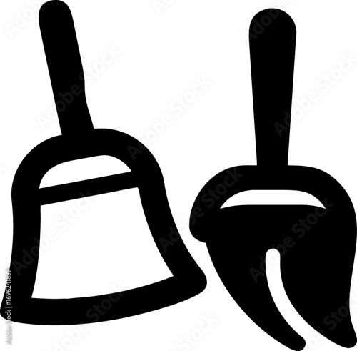 Minimalist black and white vector icon of a broom and dustpan, representing household chores, cleaning, and general tidiness