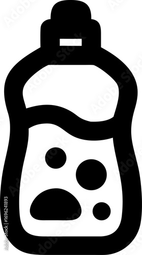 Vector line art icon of a plastic bottle filled with soapy liquid, representing household cleaning products and hygiene concepts