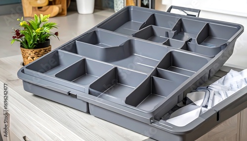 Gray plastic organizer on a light wood surface