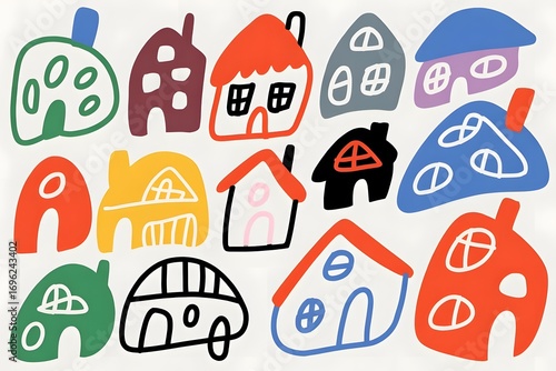 Colorful cartoon houses and car illustration on a white background for kids and children art design