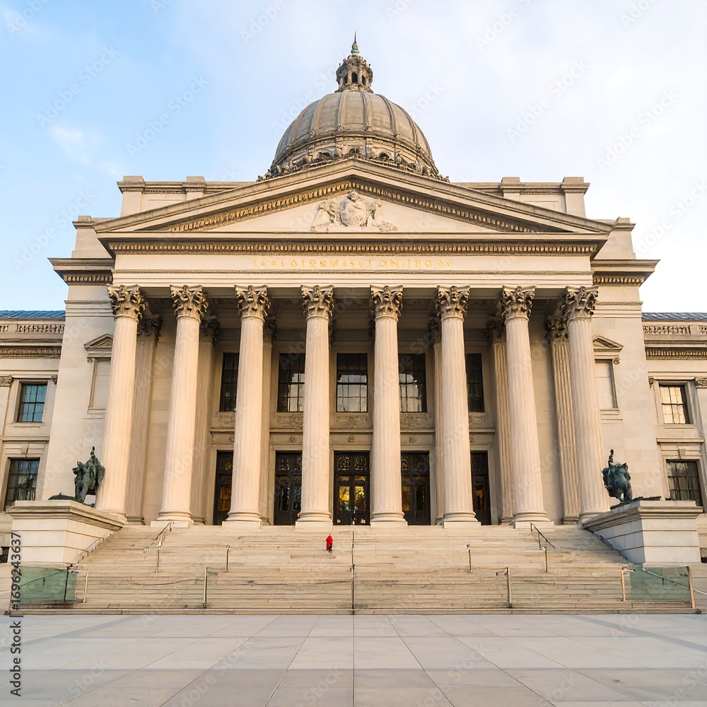 Fototapeta premium Wide shot of a state capitol building, light beige facade, columns, dome, steps, and plaza