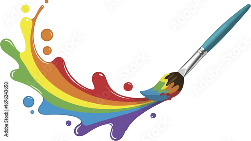 A paintbrush creating a rainbow colored paint splash illustration