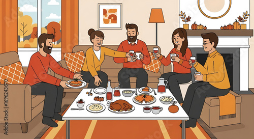 Thanksgiving Gathering: Family Dinner, Autumn Celebration, Food, and Happiness