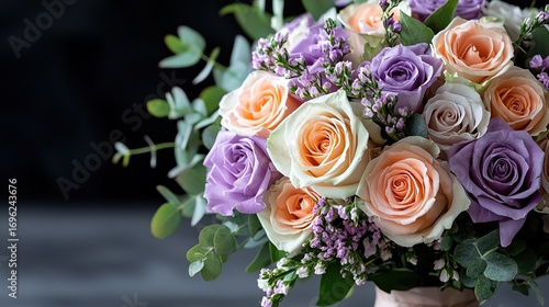   A close-up of an orange and purple bouquet with greenery on the side