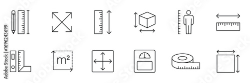Measure line icon set. Measurement, scale, size, ruler, gauge, dimension and more. Black outline icon. Vector illustration.