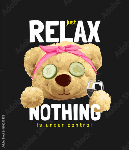 bear doll in pink headband and cucumber on eyes  - drawn by hand