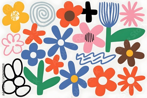 Colorful floral pattern with abstract shapes and vibrant colors creating a playful design style