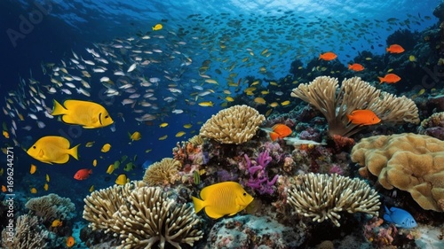 Vibrant underwater scene showcasing colorful fish swimming among coral reefs in a clear ocean