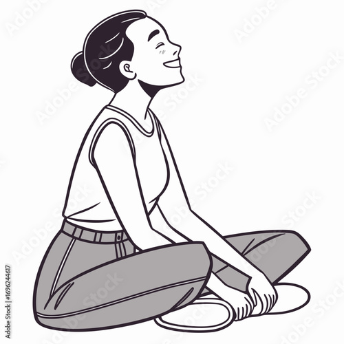 Smiling young woman sitting in lotus position isolated on white background.