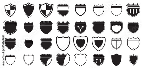 Shield and highway road sign icon set. Featuring badges, traffic, routes, protection, navigation, and symbols. Minimalist vector collection. Editable illustration.