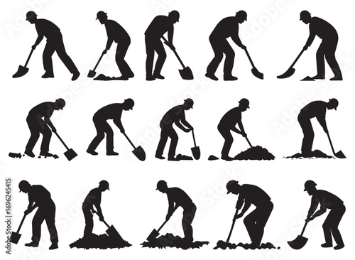 Worker Digging Icon Set – Construction and Labor Vector Symbols. Construction Worker Vector Icons, Digging and Labor Illustration Pack.