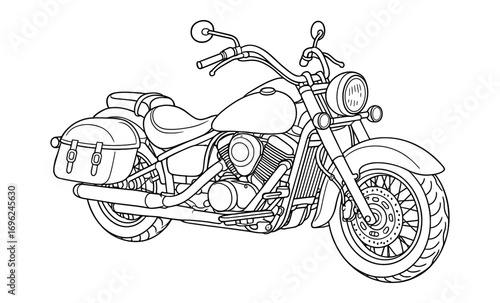 Detailed black and white motorcycle outline for coloring and design