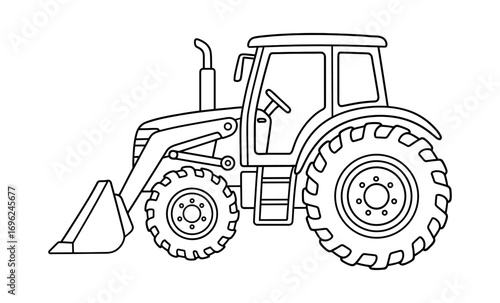 Outline of a farm tractor with loader in black and white for coloring projects